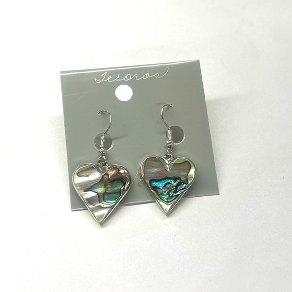 Vintage Taxco Mexican Alpaca Abalone Heart Earrings - Picture 1 of 5
